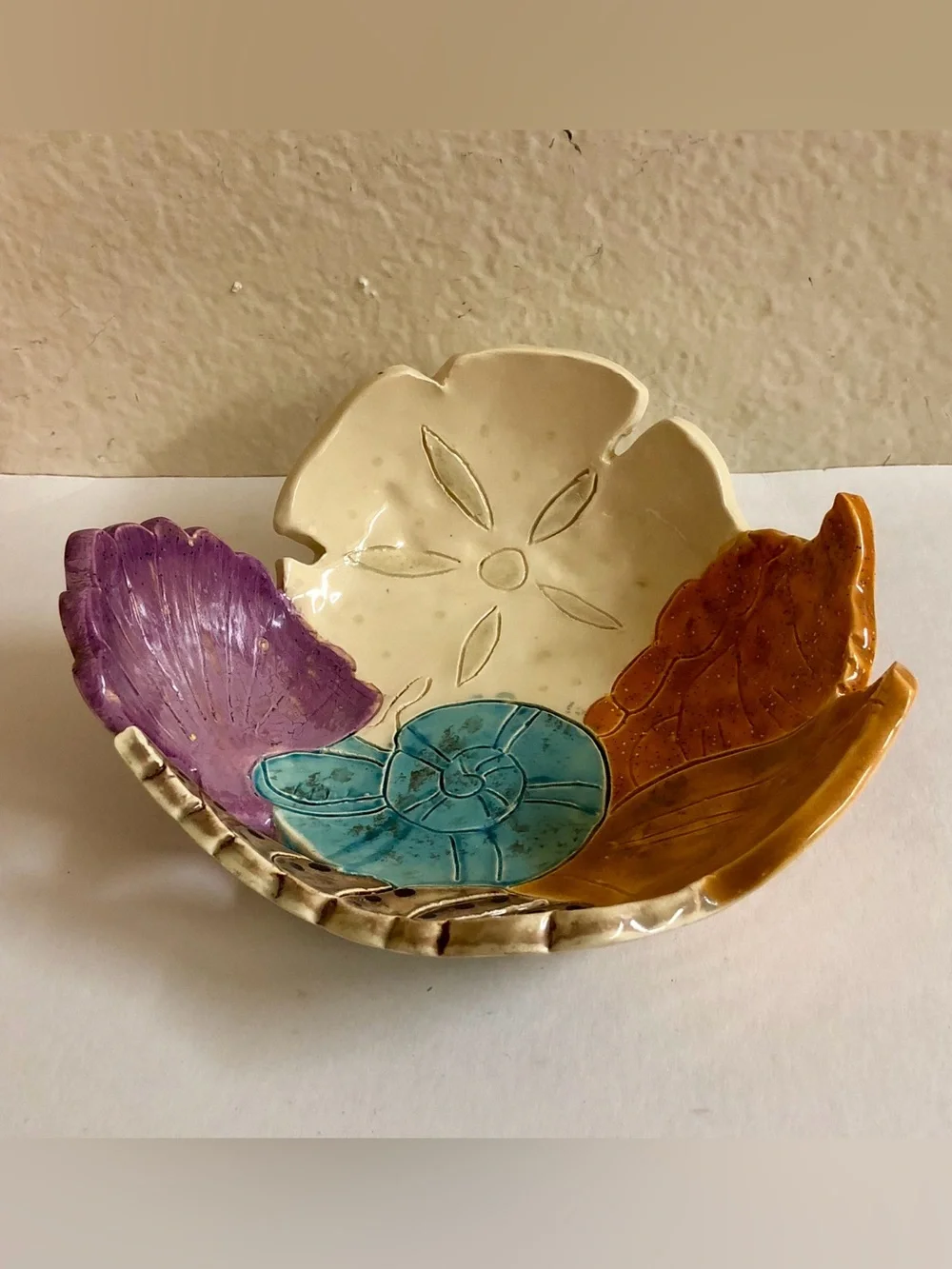 Handmade Ceramic Seashell Accent Dish - Multicolor. Signed